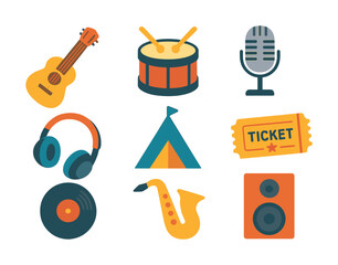 Vector Colorful music icons set: guitar, drums, microphone, headphones, saxophone, speaker, tent, ticket