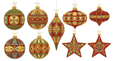 Festive holiday ornaments with intricate patterns, traditional Christmas decorations, vintage-style baubles and stars, perfect for seasonal celebrations and decorating
