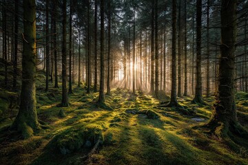 Fototapeta premium Sunlight Piercing Through Dense Forest Canopy Creating Dramatic Light And Shadow Effect In Woodland Environment