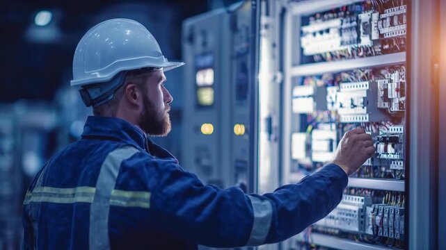 An industrial technician in a hard hat and safety jacket adjusts an electrical control panel in an industrial setting.