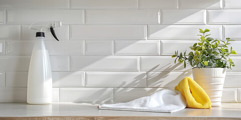 Bright kitchen counter with cleaning supplies and a potted plant, bathed in sunlight.