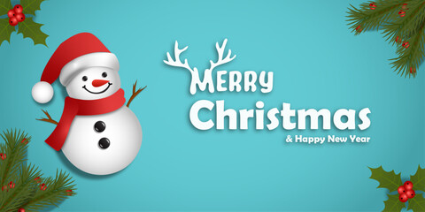 Christmas snowman holly and pine branch vector illustration, festive winter decoration, holiday season elements, Merry Christmas design background, new year greeting isolated clipart