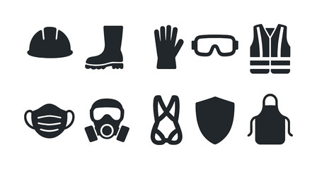 Vector Safety equipment icons set: helmet, boots, gloves, goggles, vest, masks, shield, apron