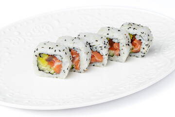Uramaki sushi on a white plate on a white background isolated