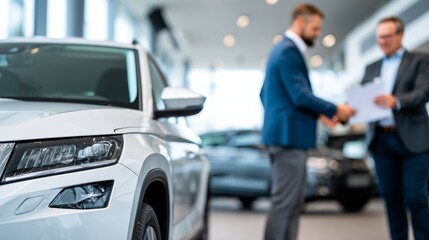 Fototapeta premium A car stands in the foreground as two customers negotiate a sale in a bright indoor showroom surrounded by other vehicles