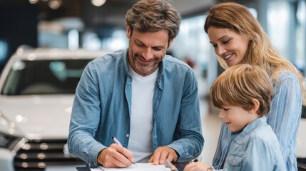 A family happily engages in signing documents while picking up their new car, creating a memorable moment together