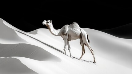 Monochrome camel portrait traversing pristine dunes with contrasting shadows and stark desert