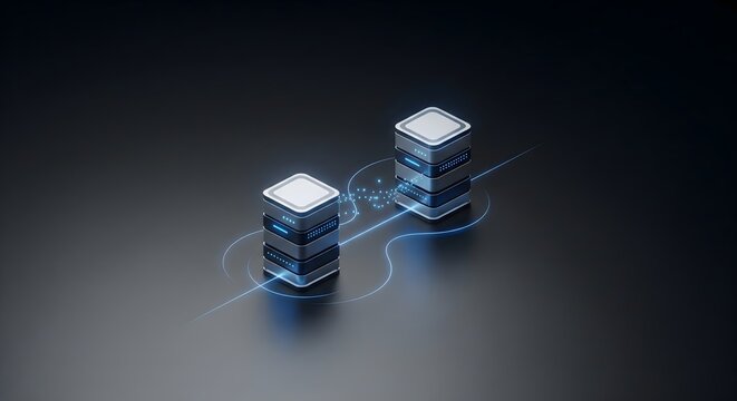 3D render of two futuristic data server stacks connected by glowing lines, symbolizing data transfer, hosting, and network communication on a dark technological background.