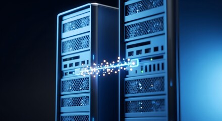 Conceptual visualization of high-speed data transfer between two glowing server racks in a dark data center environment.