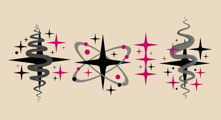 Vintage mid-century modern graphic set with abstract atomic symbols, starbursts, and dynamic whisking swirls