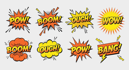 A colorful set of isolated comic book sound effects and pop art style explosion bubbles with action text