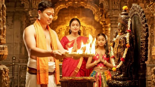 Family Offering Prayers to Lord Rama Idol During Ram Navami Celebration in Traditional Temple in Ayodhya, India