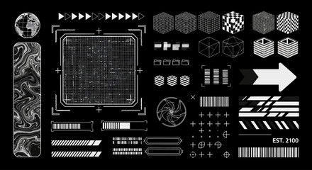 A comprehensive collection of futuristic user interface elements, abstract shapes, and HUD components for tech and sci-fi design projects