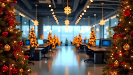 Glowing decorated christmas trees, ornaments, decorations, empty modern office interior, lights - Christmas celebration, corporate event, holiday party, festive workplace, business