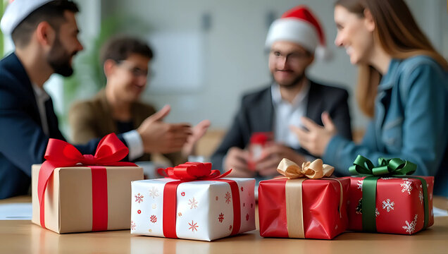 Christmas gift boxes on table, office party, business colleagues wearing santa hats - corporate holiday party, celebration, gift exchange, present, surprise, festive workplace concept - Powered by Adobe