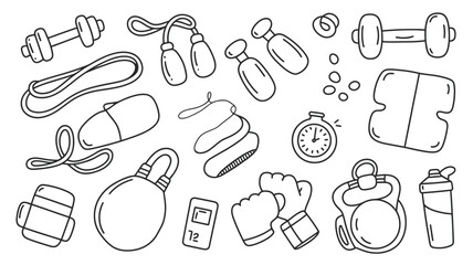 Dynamic fitness essentials collection with dumbbells, jump rope, kettlebell, and shaker bottle for a healthy lifestyle