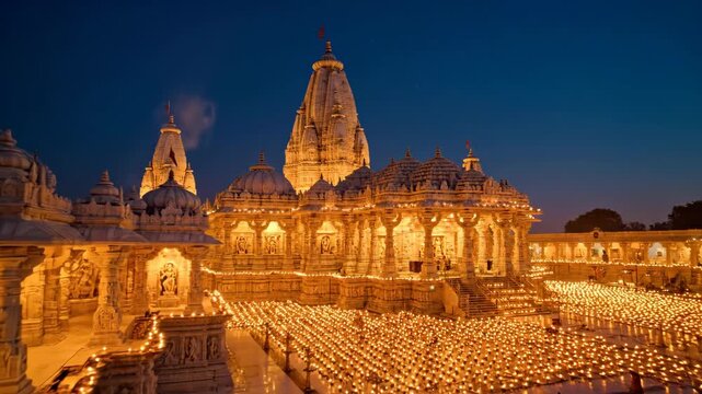 Magnificent Ayodhya Grand Temple Illuminated for Ram Navami Celebration at Dusk with Thousands of Earthen Lamps