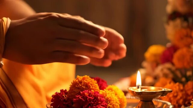 Preparing for Ram Navami Celebration Arranging Marigold Flowers with Diya for Ayodhya Grand Temple Prayers