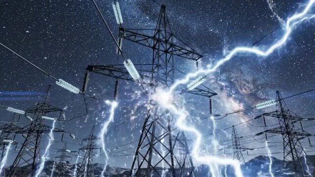 The video shows a series of high-voltage power lines against the background of the night starry sky.
There are insulators on the wires.In several places, bright electrical lightning discharges are spa
