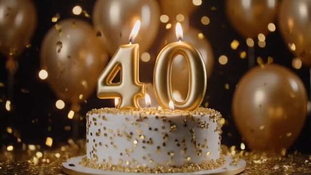 Golden 40th birthday cake with candles surrounded by balloons and sparkling confetti, creating a festive and elegant celebration atmosphere.