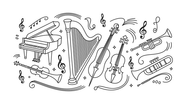Captivating collection of orchestral instruments and musical notes creates a symphony of visual appeal for your creative projects