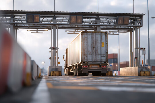 Customs Checkpoint Lane Inside Port, Tractor-Trailer With Sealed Container, Concrete Barriers, ANPR Camera Gantry, Bilingual Wayfinding Signage