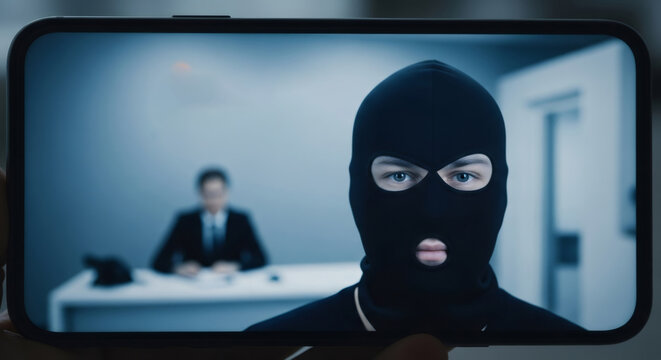 Man in balaclava on phone screen. Concept of cyber scam, digital fraud, and online data theft. Cyber security.