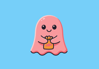 Obraz premium Adorable cartoon specter with a sweet candy gift, a friendly supernatural natal ghost mascot perfect for children's designs and celebrations