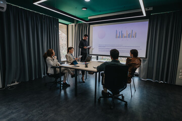 Group of colleagues analyzing charts on a projector screen in a modern office setting.