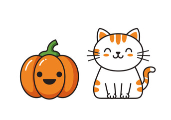 Obraz premium Adorable kawaii cat and a smiling pumpkin character set isolated on white. A cute friendship illustration for a happy halloween holiday