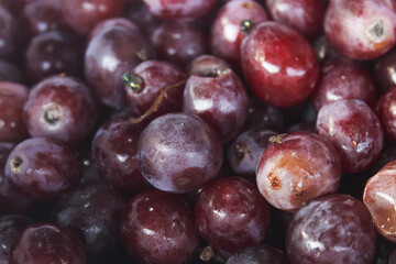 Background of red grapes that have begun to rot. Some of the grapes appear soft, broken, and have turned brown, indicating the process of rotting.