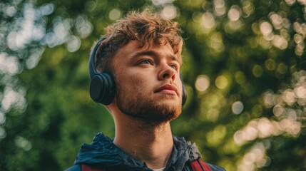 Young man with curly hair and beard wearing wireless headphones relaxes outdoors in nature, eyes closed peacefully with soft bokeh sunlight filtering through green foliage behind him.