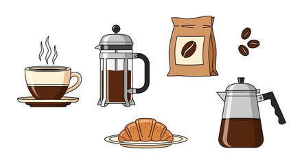 Illustration of Coffee Cup French Press Croissant and Coffee Beans.