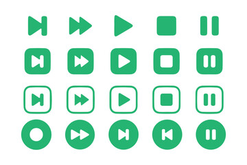 Green Media Player Control Icons Set – Play, Pause, Stop, Rewind, and Forward Symbols