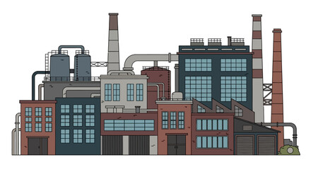 Obraz premium Industrial Factory Building with Chimneys and Pipes.