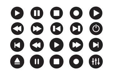 Black Media Player Control Icons Set – Play, Pause, Stop, Power, and Equalizer Symbols
