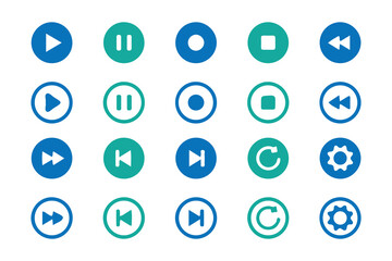 Blue and Green Media Player Control Icons Set – Play, Pause, Stop, Rewind, and Settings Symbols