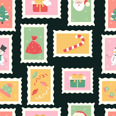  Cute Christmas seamless pattern with festive postage stamps. Holiday concept. Christmas tree, gifts, and candy. Vector illustration.