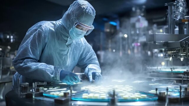A lab technician in full cleanroom gear inspecting circular silicon wafers on a semiconductor manufacturing line.