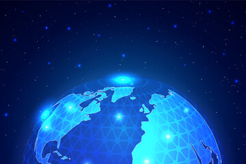 Glowing digital Earth with network grid illuminated against a starry night sky, symbolizing global technology