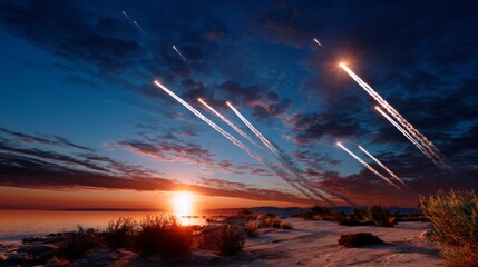 A dramatic sunset over the sea or desert. Several bright rockets take off, leaving trails across the cloudy sky.
