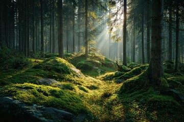 Obraz premium Sunlight Piercing Through Dense Forest Canopy with Lush Green Foliage Illuminating Forest Floor