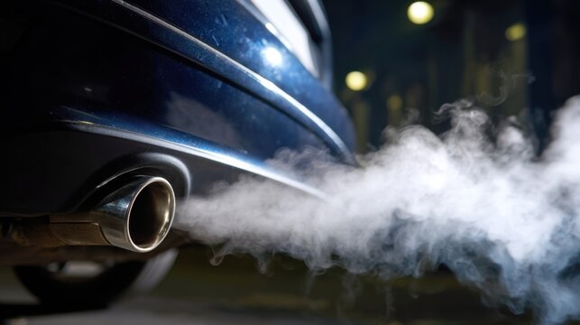 Close-up of a blue car's exhaust pipe emitting thick white smoke (steam) in cold weather, symbolizing air pollution and engine performance.