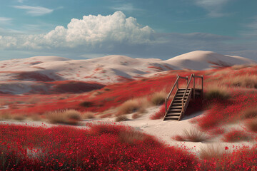 Long Ladder In Desert Superbloom Of Red Flowers Reaching Cottony Cloud, Heat Shimmer Horizon, Deep Cyan Sky, Sparse Grasses, Arid Concept