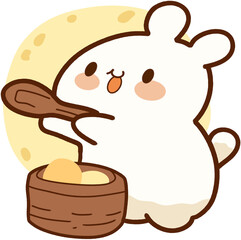 Smiling Cartoon Bunny Making Mochi Under the Moonlight, Festive Illustration for Lunar Festival and Autumn Holiday Decoration