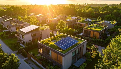 Fototapeta premium Aerial view showcases modern houses with solar panels and green roofs in a suburban setting