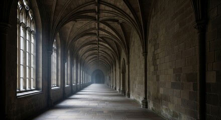 Obraz premium Medieval Cloister Corridor with Gothic Arches and Light