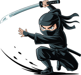 Cartoon ninja character, action pose, black outfit, katana sword, crouching stance, intense eyes, martial arts, stealth, agility, dynamic illustration © Arafat World