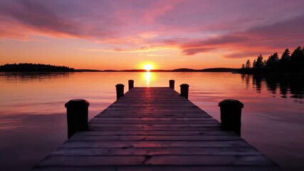 Serene Sunset at Lake with Wooden Pier and Calm Water Reflection