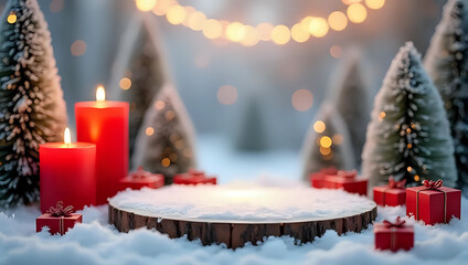 Mockup of blank red christmas product display podium, red candles, gifts, glowing christmas tree - template, space, surface, advertising, sale, shopping, discount, winter holiday festive celebration